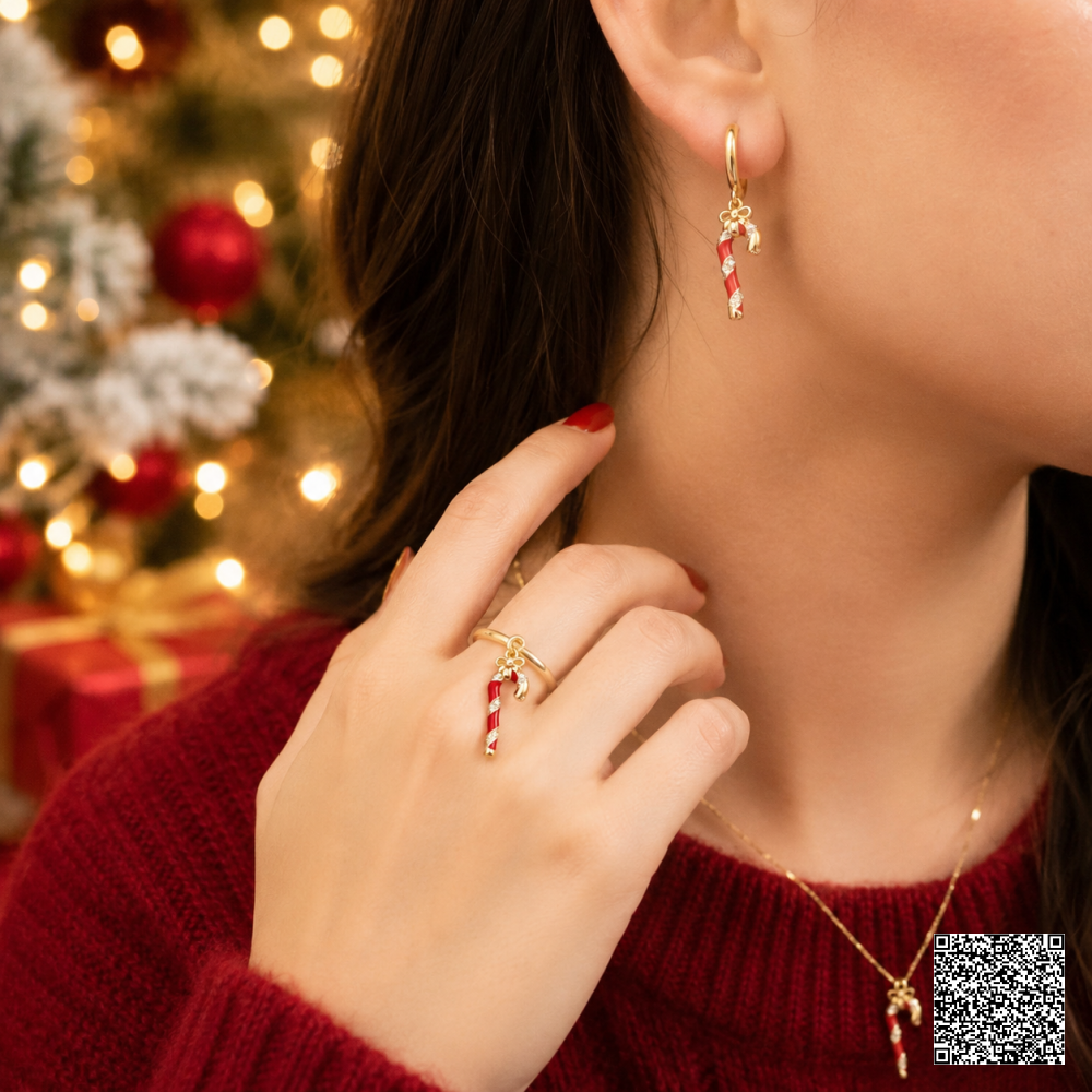 Weihnachts Schmuckset Mit Zuckerstangen Ohrringen Und Ring Roter