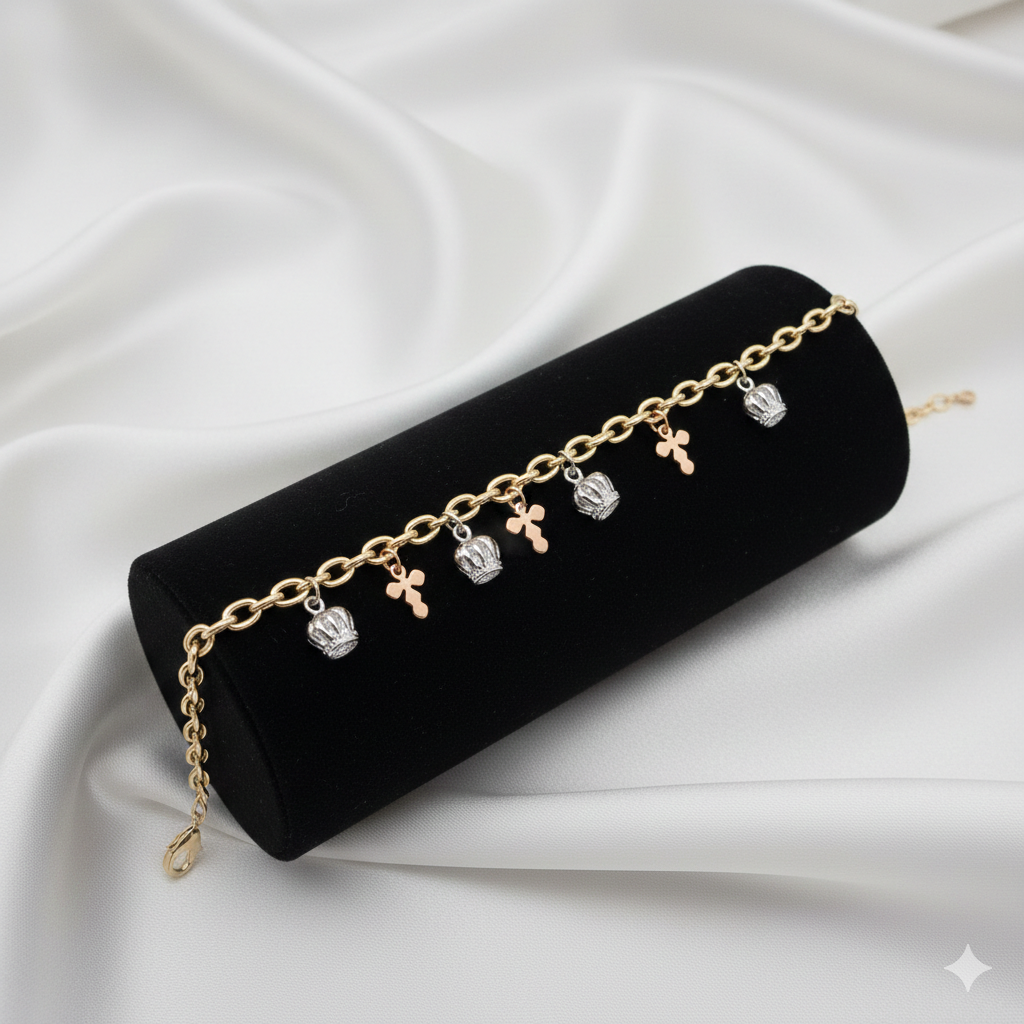 Charm-Armband Mit Kreuz- Und Kronenanhängern Gold Silber &