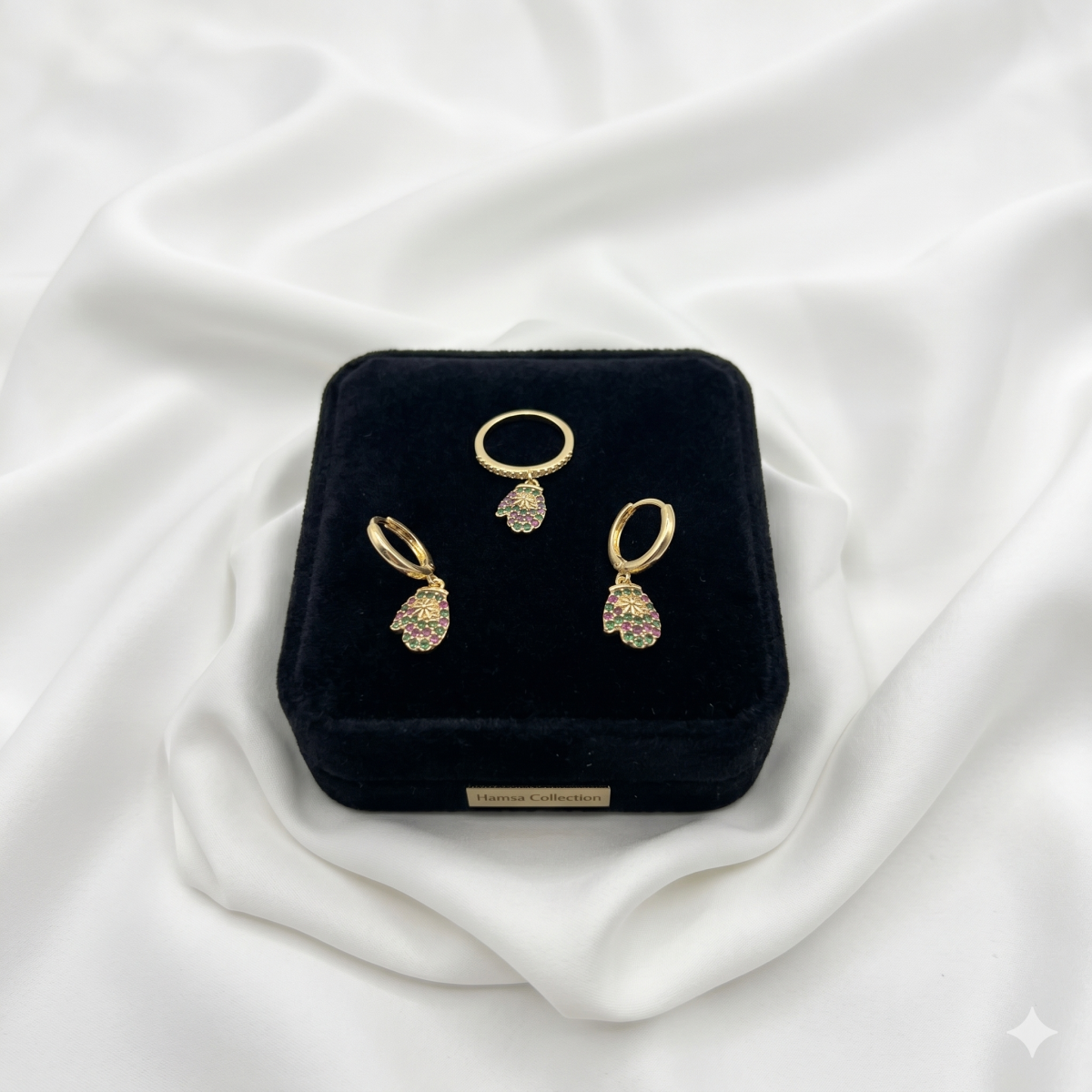 Vergoldetes Schmuckset Mit Hamsa-Hand Anhänger Ring & Creolen