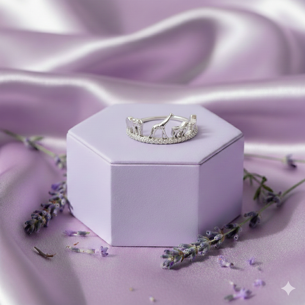 Silberfarbener Safari-Tier Ring Mit Zirkonia Eleganter Giraffen-