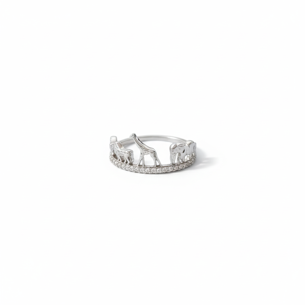 Silberfarbener Safari-Tier Ring Mit Zirkonia Eleganter Giraffen-