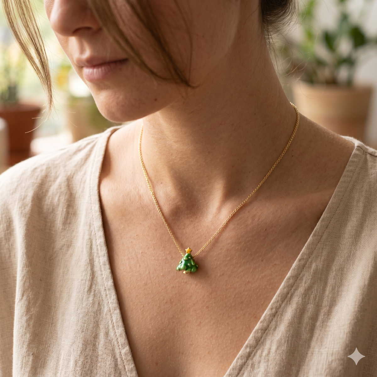 Goldfarbene Weihnachtsbaum Halskette Mit Emaille Damen Modeschmuck
