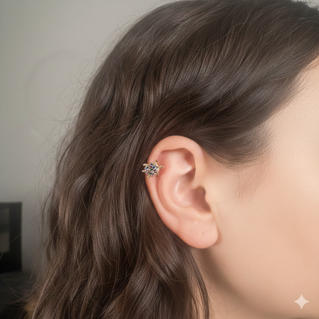 Goldener Schildkröten Ear Cuff Mit Bunten Zirkonia Eleganter