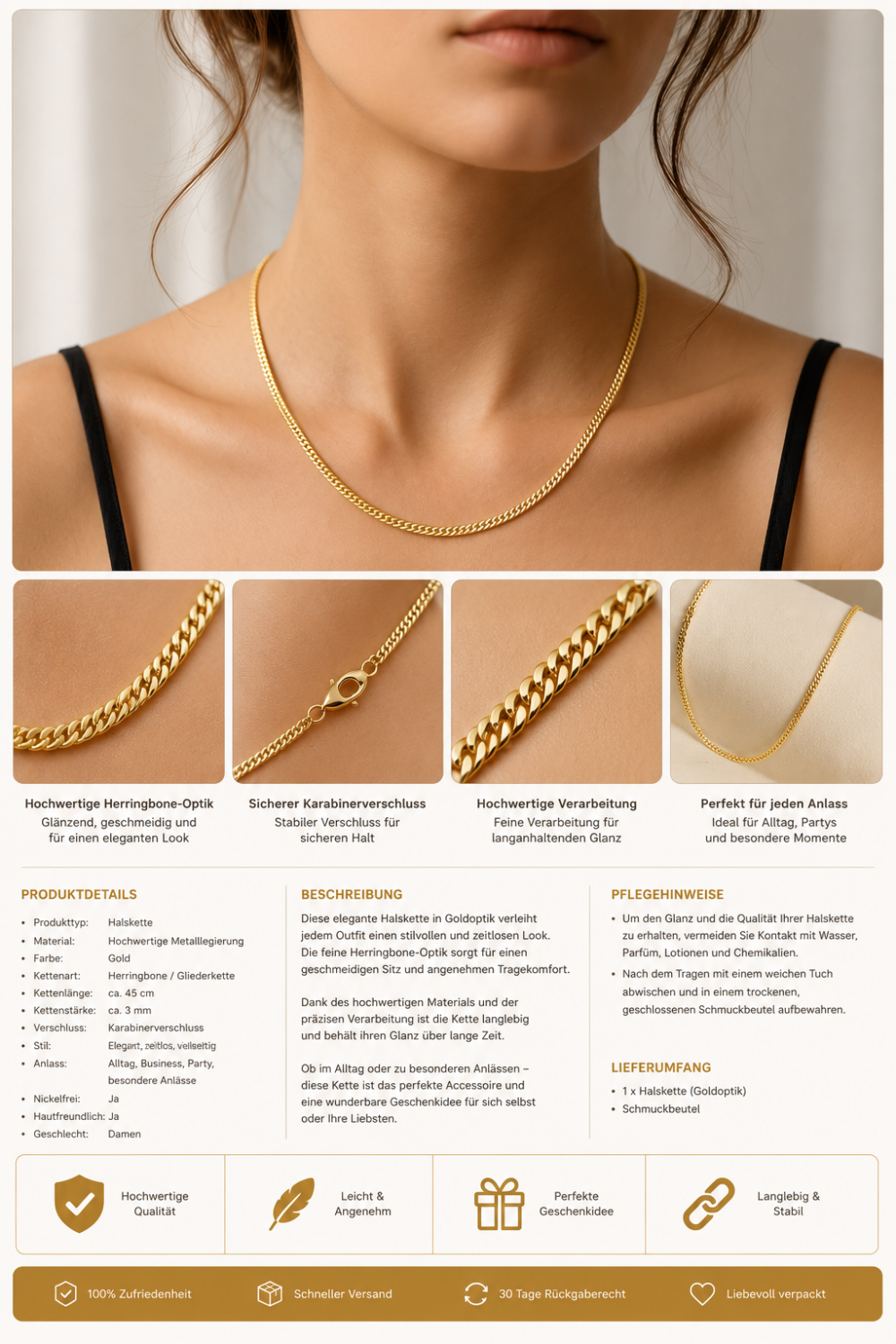 Goldene Herringbone Halskette Elegante Damen Gliederkette