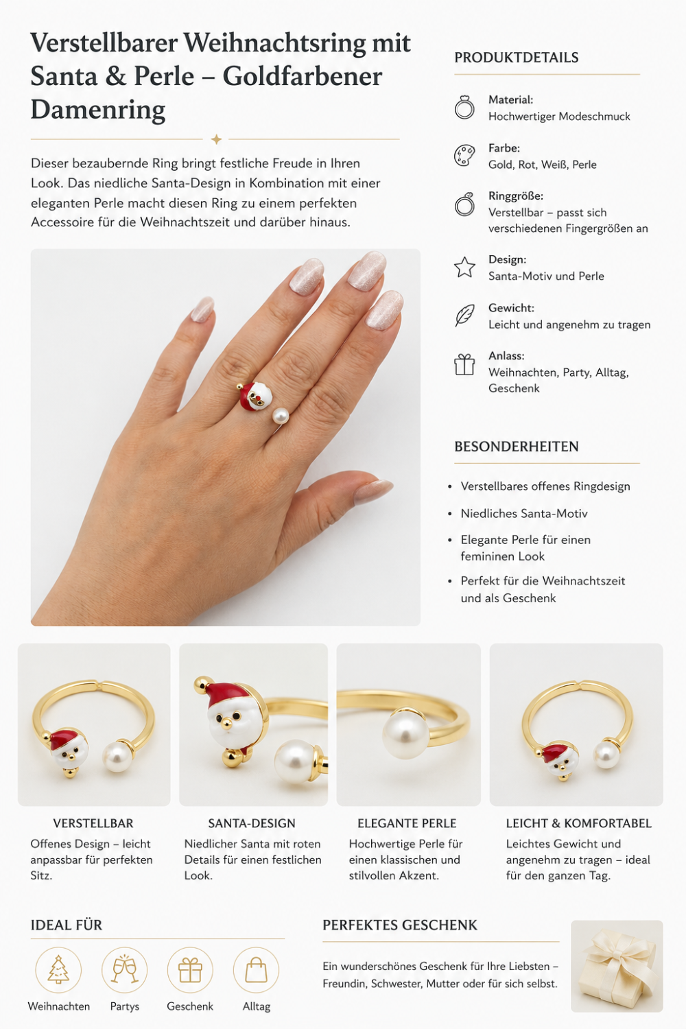 Verstellbarer Goldfarbener Damenring Mit Weihnachtsmann- Und