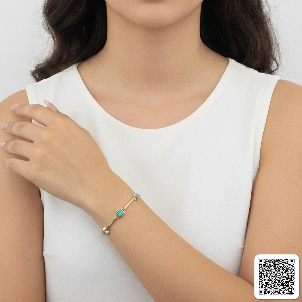Elegantes Goldfarbenes Armband Mit Türkisen Quadratischen Steinen Hover
