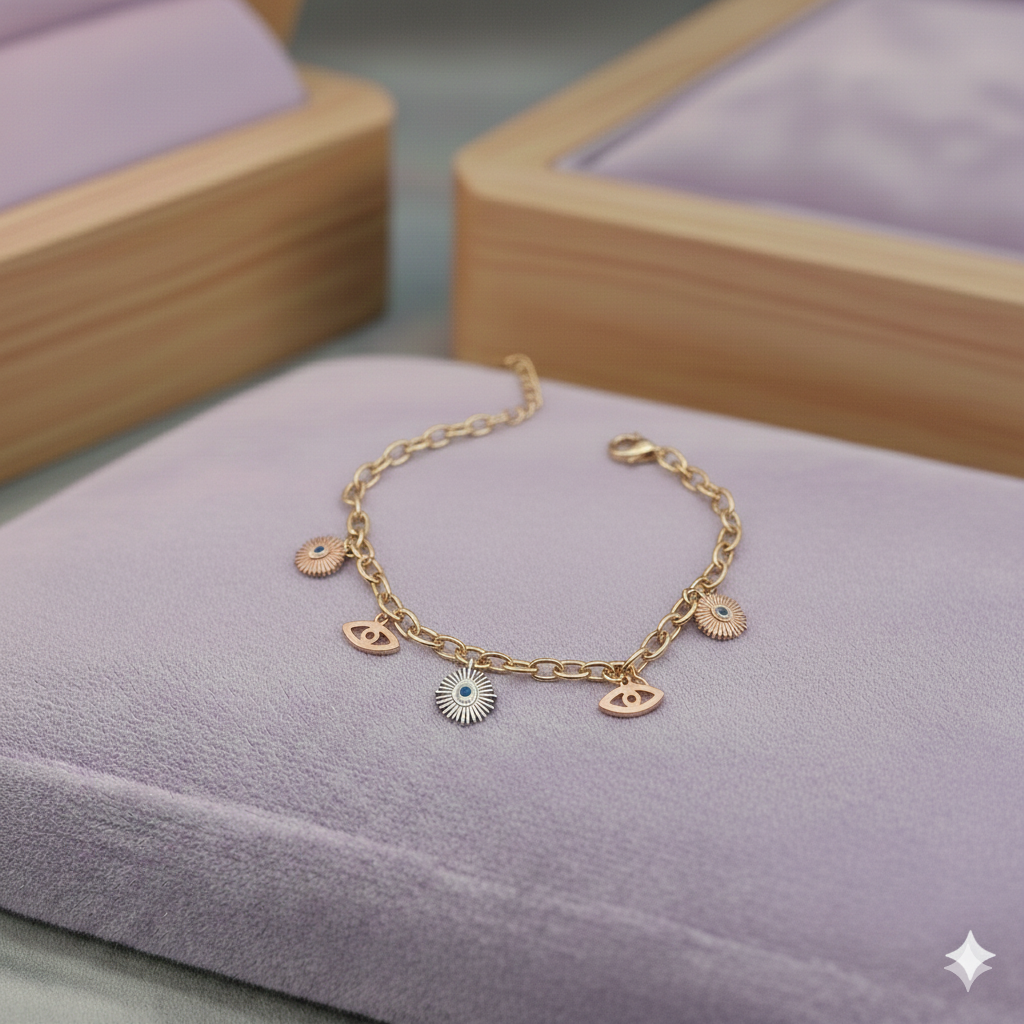Goldfarbenes Charm-Armband Mit Nazar- Und Augen-Anhängern