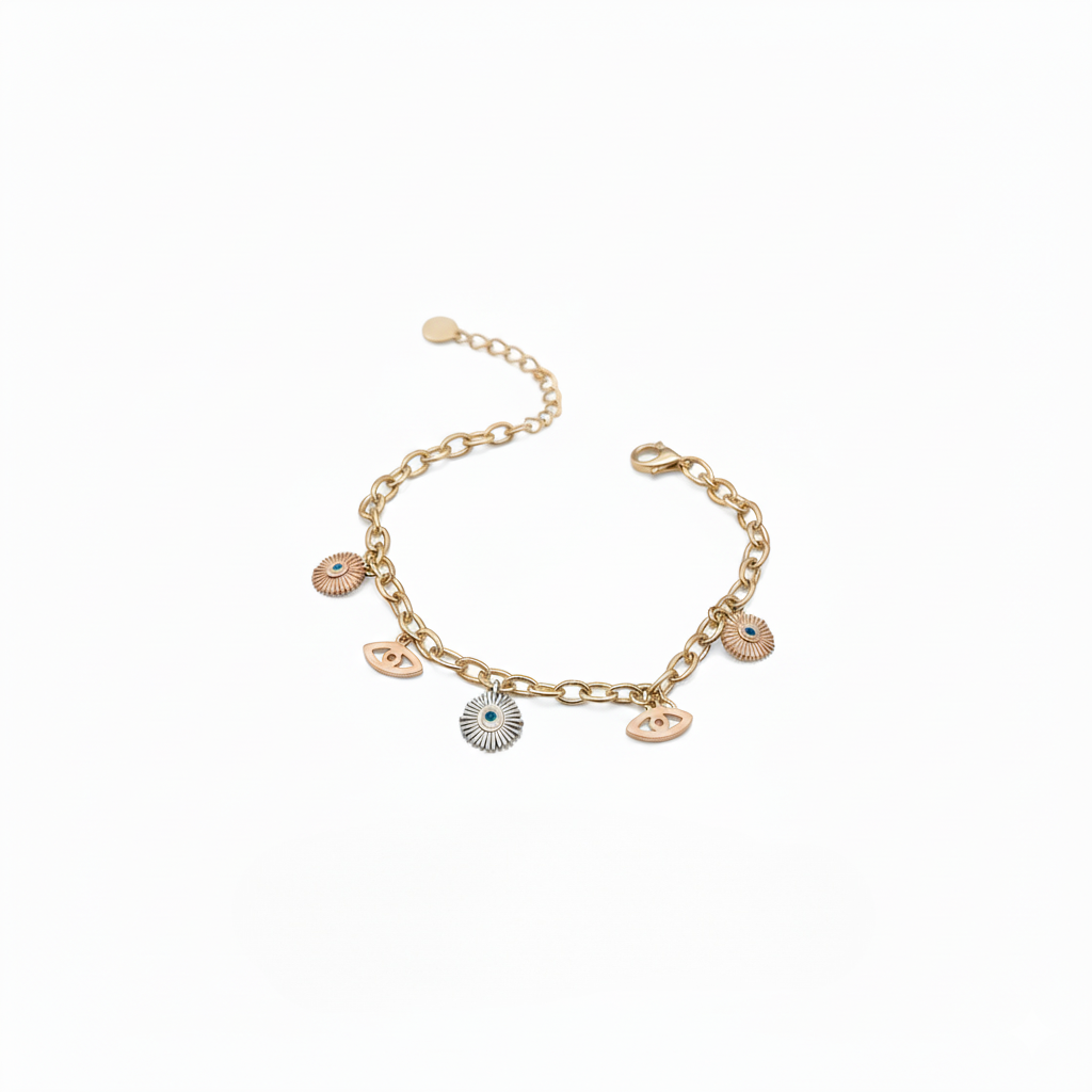 Goldfarbenes Charm-Armband Mit Nazar- Und Augen-Anhängern
