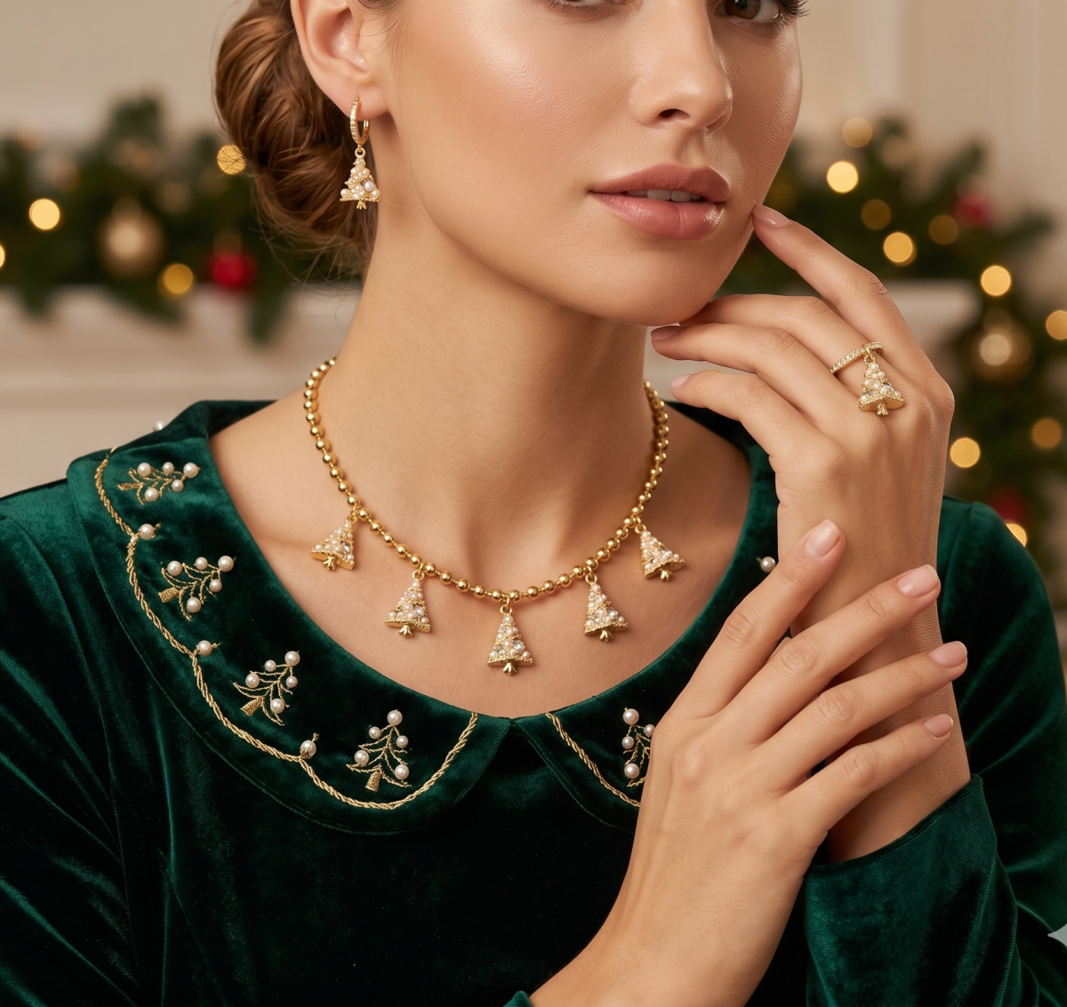Elegantes Weihnachtsbaum Schmuckset Mit Perlen Halskette Ohrringe