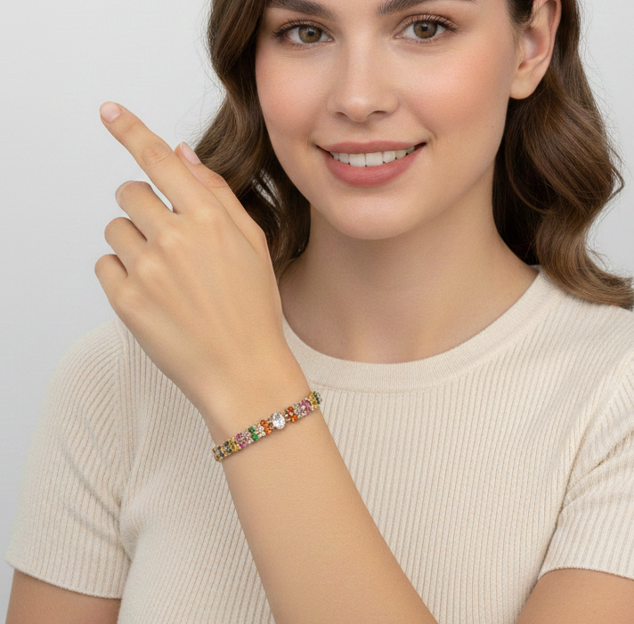 Elegantes Damen-Armband Mit Bunten Zirkonia Und Ovalem Kristall