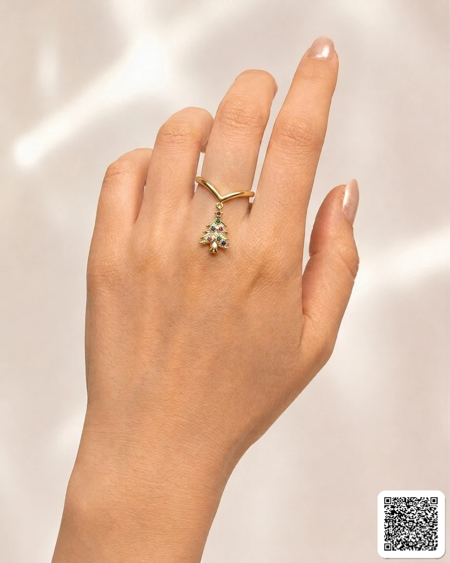 Goldfarbener Damenring Mit Blatt-Design Und Bunten Zirkonia