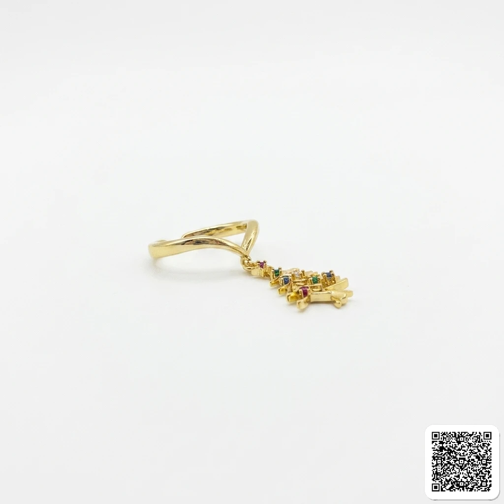 Goldfarbener Damenring Mit Blatt-Design Und Bunten Zirkonia
