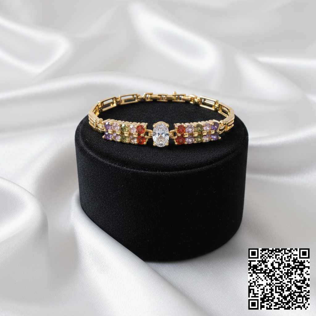 Elegantes Damen-Armband Mit Bunten Zirkonia Und Ovalem Kristall