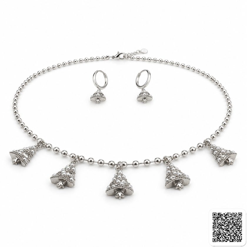 Silbernes Weihnachtsbaum Schmuckset Mit Kette Und Ohrringen