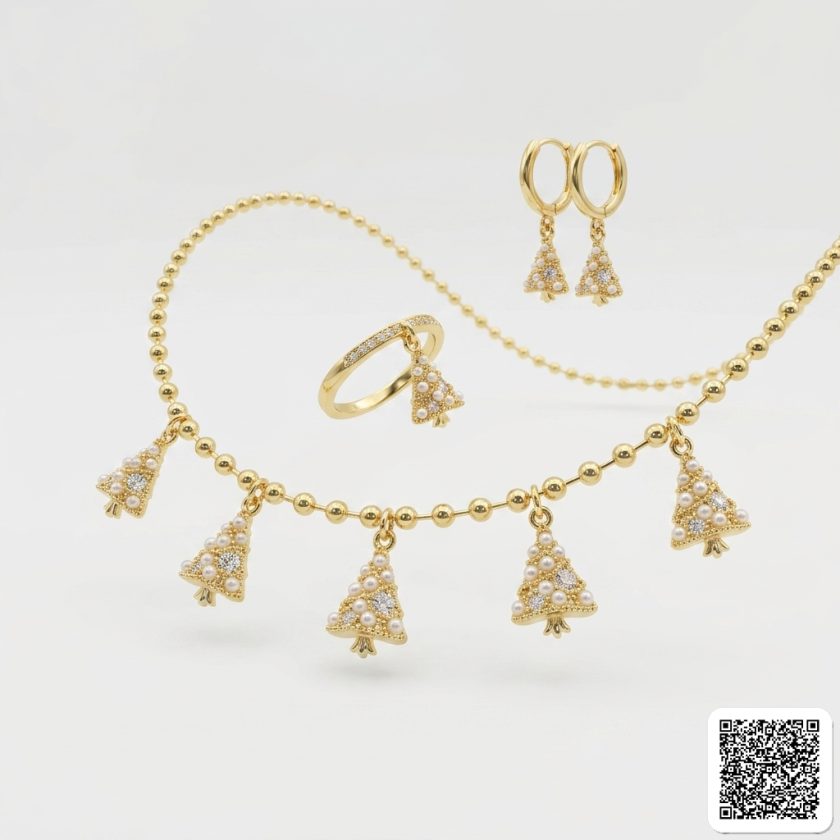 Elegantes Weihnachtsbaum Schmuckset Mit Perlen Halskette Ohrringe