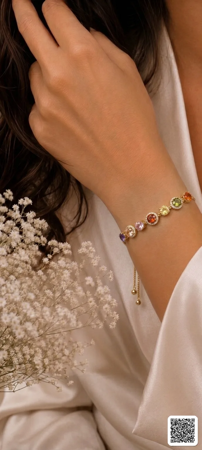 Goldenes Armband Mit Bunten Zirkonia-Steinen Verstellbares