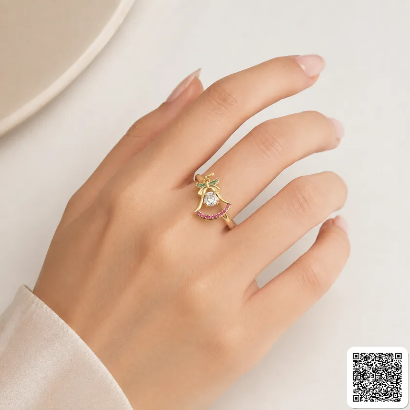 Damenring Mit Palmen- Und Herzdesign Goldfarben Zirkonia