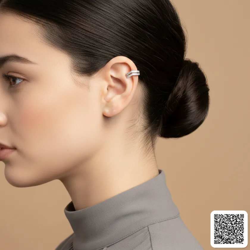Eleganter Doppel-Ear Cuff Mit Zirkonia Silberfarbener Ohrclip
