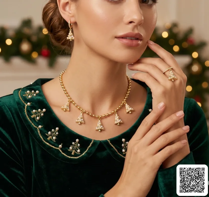 Elegantes Weihnachtsbaum Schmuckset Mit Perlen Halskette Ohrringe