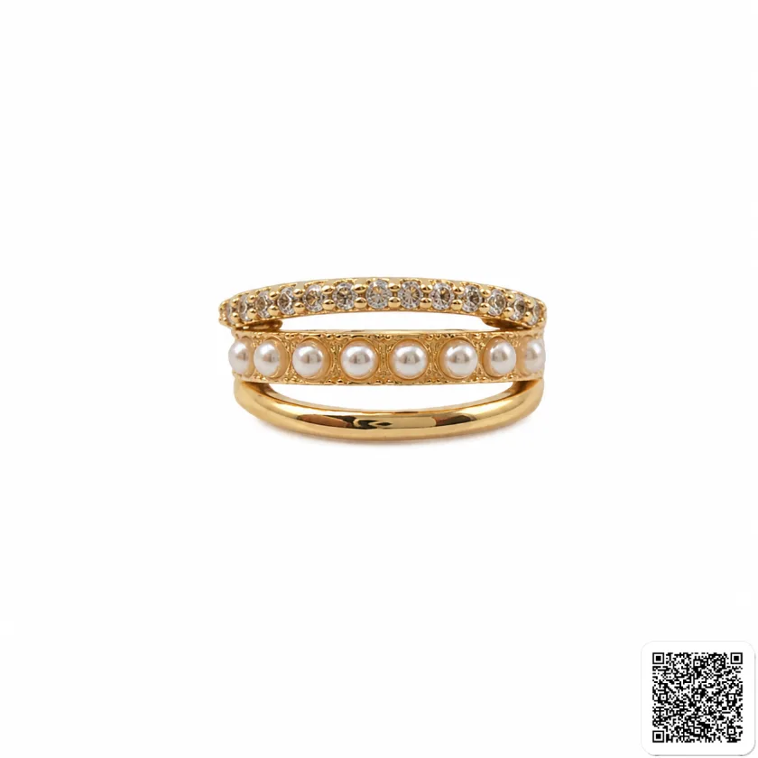 Eleganter Perlenring Mit Zirkonia Für Damen Goldfarbener