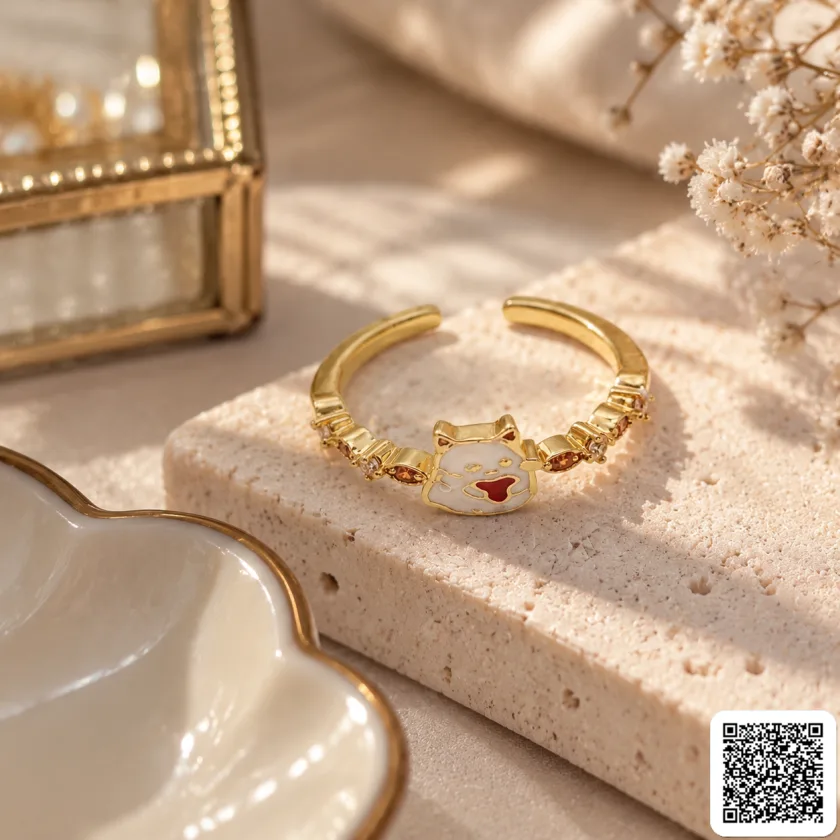 Süßer Katzenring Mit Herz Goldfarben